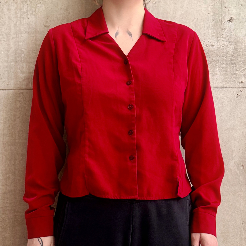 Vintage Burgundy Button Up Blouse with Tie-Waist Detail Size M
